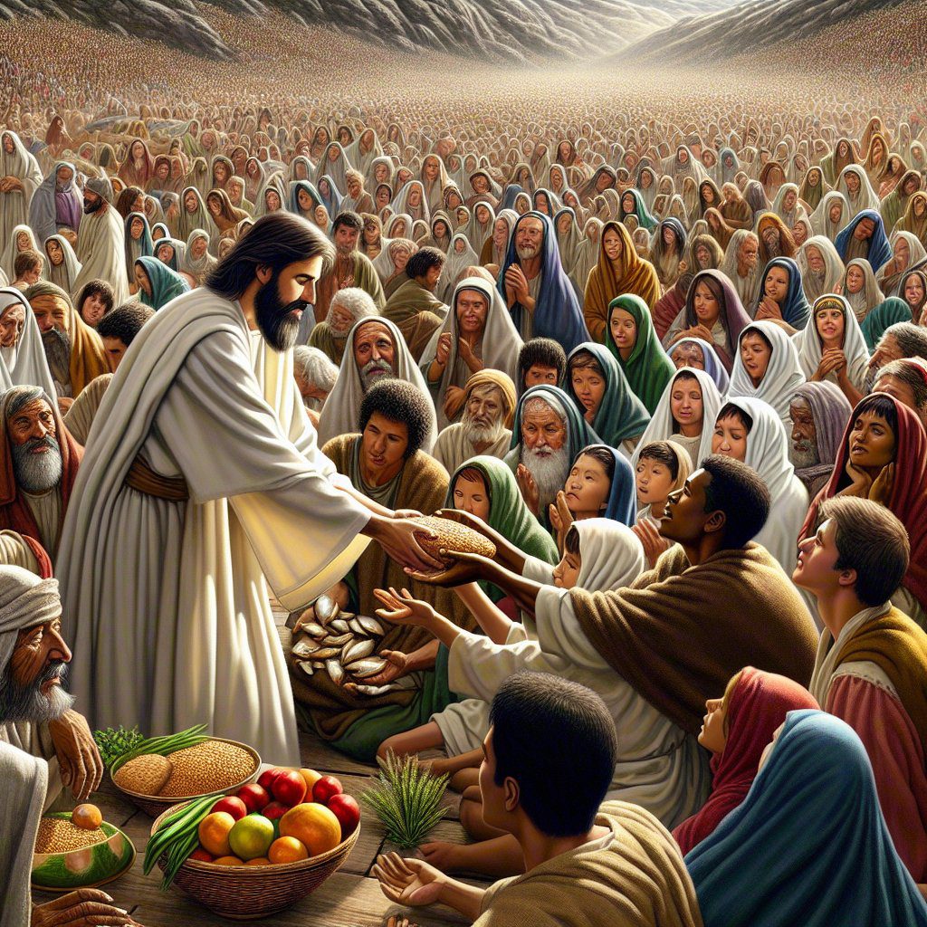 Jesus handing food out to a large crowd of people.