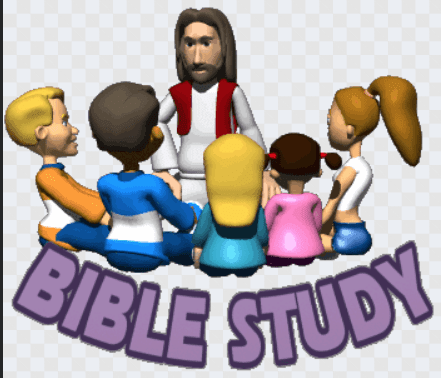 Cartoon of Jesus with five children sitting in front of him and the words at the bottom: Bible Study