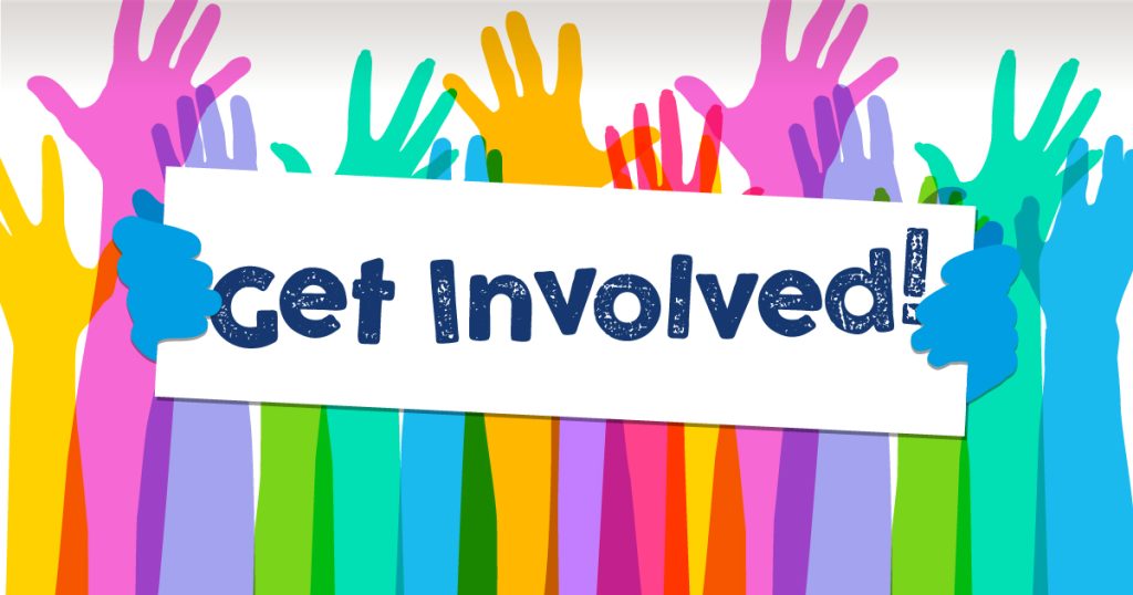 Drawing of bright colorful arms and hands raised up and the words in a white block in the middle, "Get Involved."