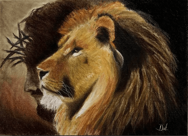 Image of a lion's head, with Jesus's head behind it, with a crown of thorns