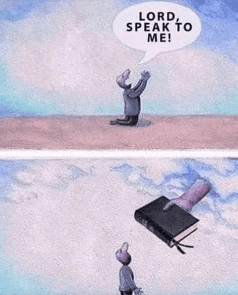 Hand from the clouds handing cartoon man a bible for Bible Study after he prayed for God to speak to Him.