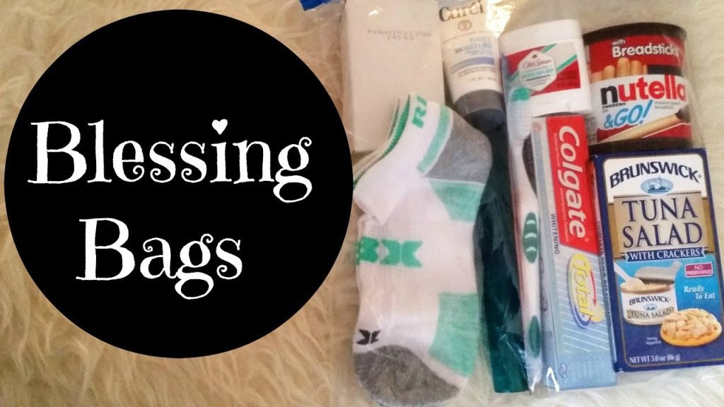 A split screen: On the left a black circle with the words, Blessing Bags inside. On the right side, a plastic baggie with various items in it: toothpaste, socks, tuna fish, etc.