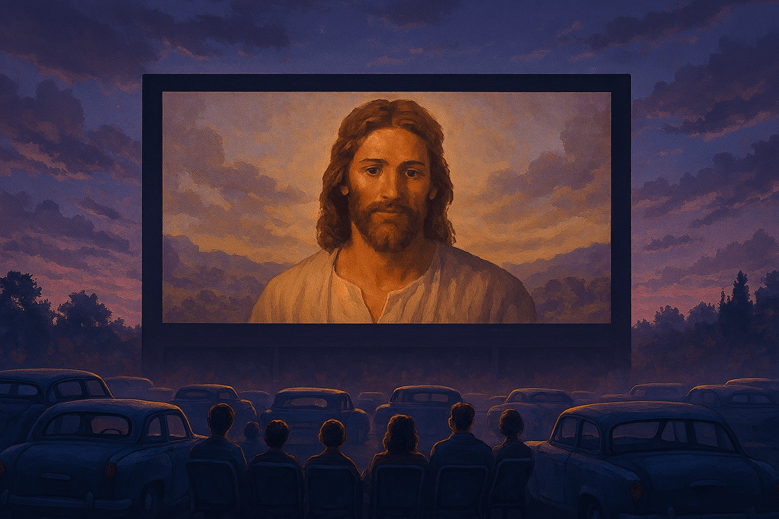 Jesus on the screen at a drive-in with cars and people watching the legacy videos