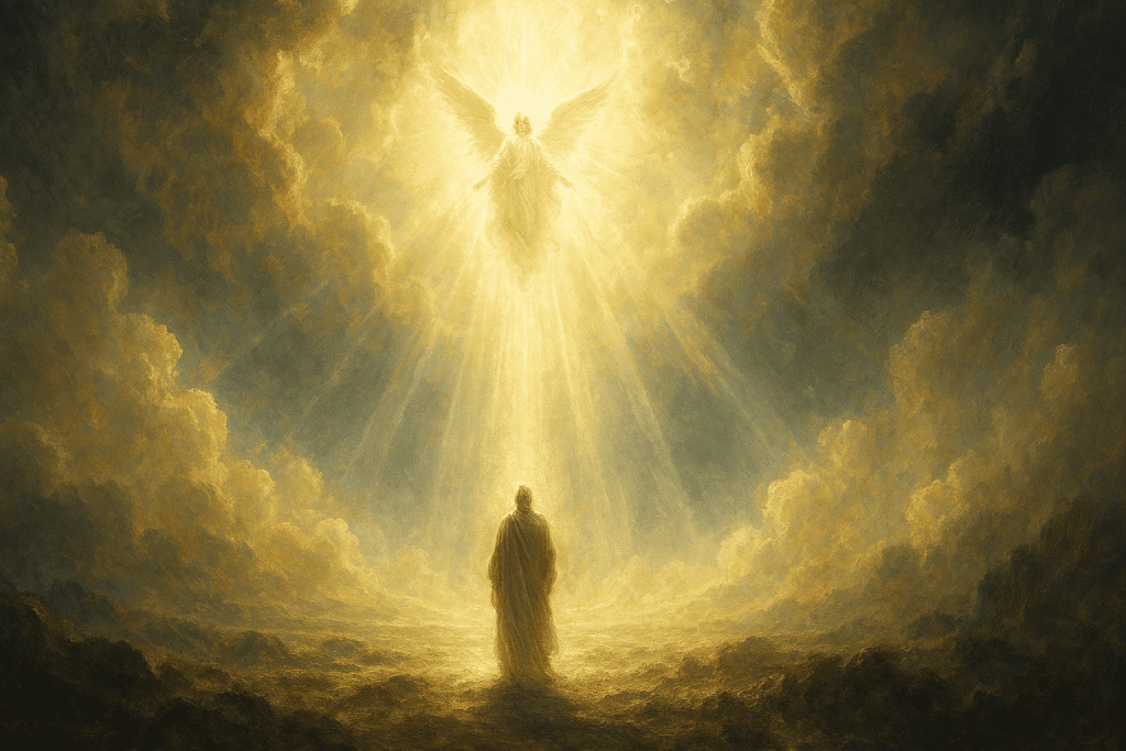 Bright cloud opening with vague outline of an angel in the cloud, and the silhouette of a man standing below looking up.