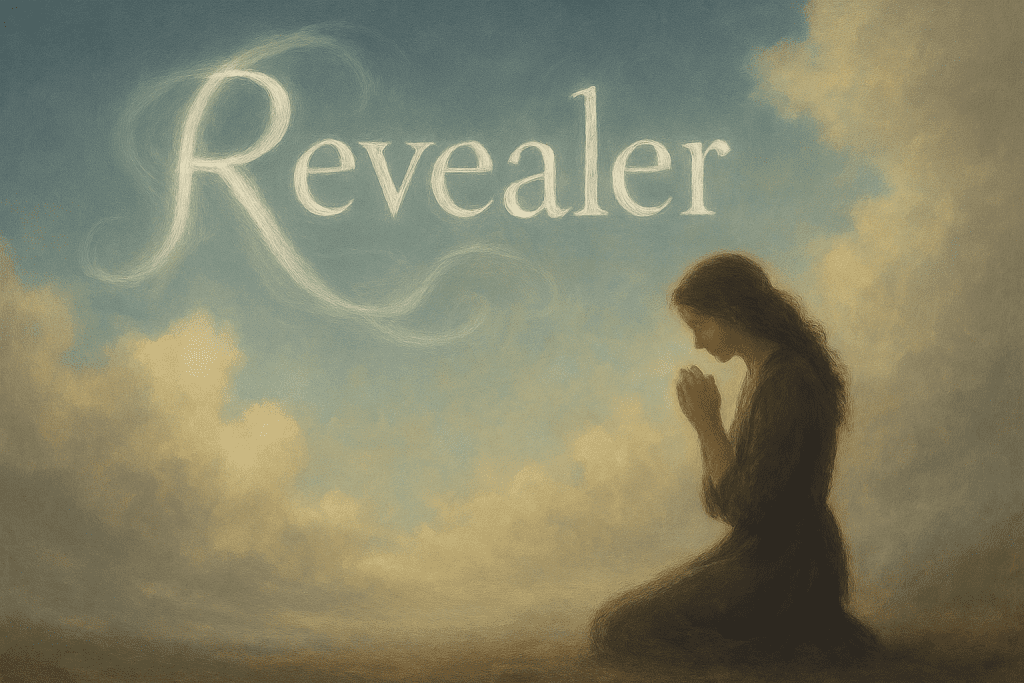 Drawing of the side view silhouette of a woman praying, behind her, a blue sky with clouds half encircling the word, "Revealer."
