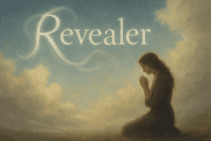 Drawing of the side view silhouette of a woman praying, behind her, a blue sky with clouds half encircling the word, "Revealer."