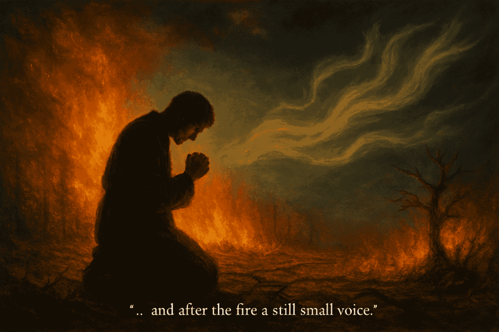 Drawing of the silhouette of a man praying. In the background a fire rages. White whisps radiating toward the man represent revelations from "the still small voice," which is typed at the bottom of the image.