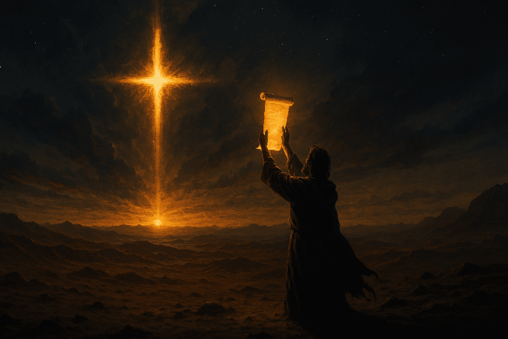 Dark night, glowing orange with a glowing light forming a cross and the silhouette of a man holding up a scroll to the light from the glowing cross.