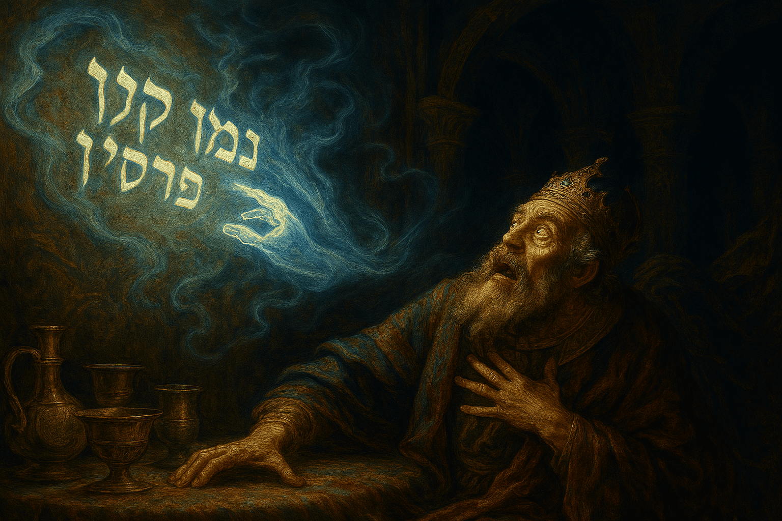 Ethereal hand appearing: The Writing on the Wall. A king recoils in fear at the sight.