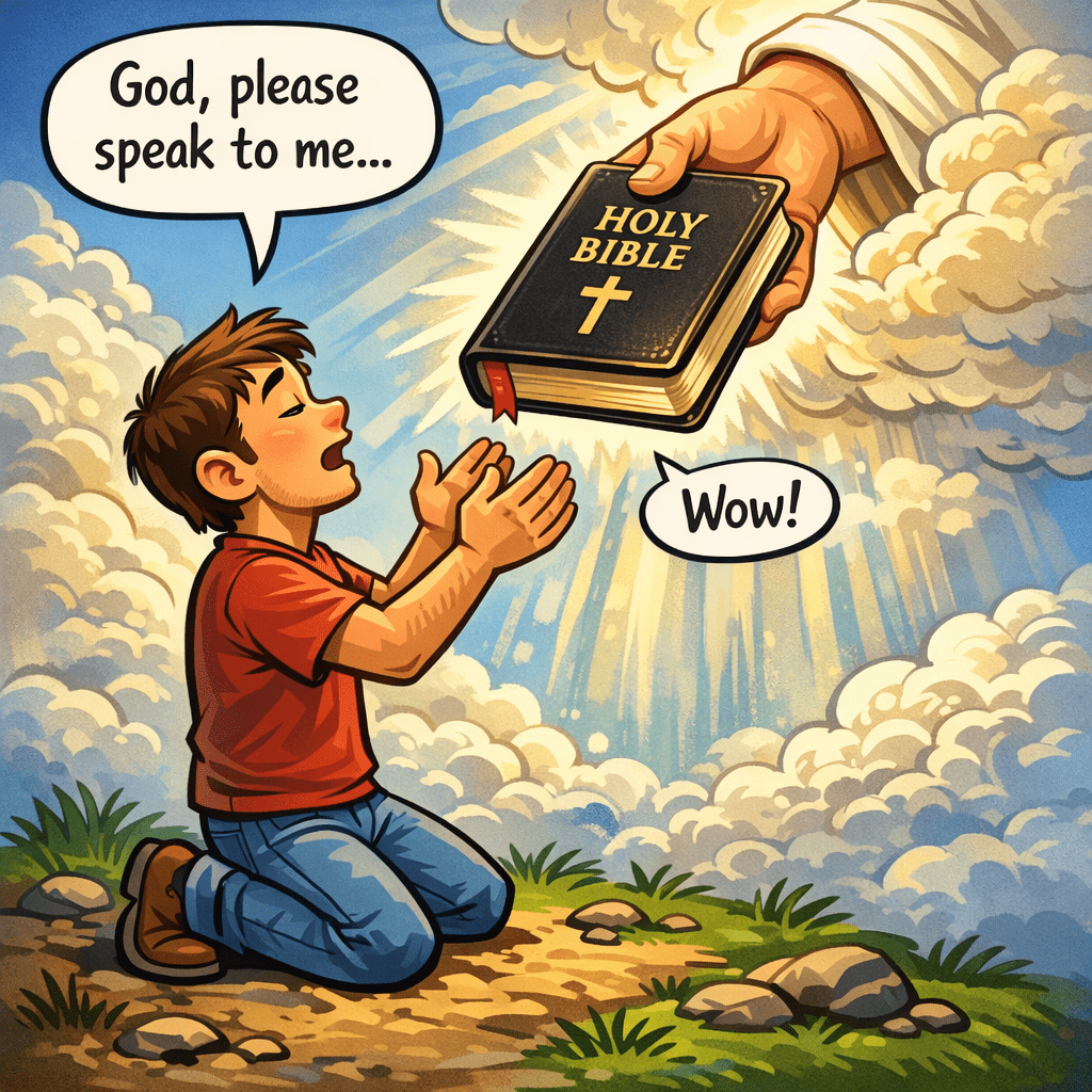Cartoon of a man on his knees reaching to heaven saying God, please to speak to me and hand from heaven handing him a Holy Bible. Boy responds, Wow.
