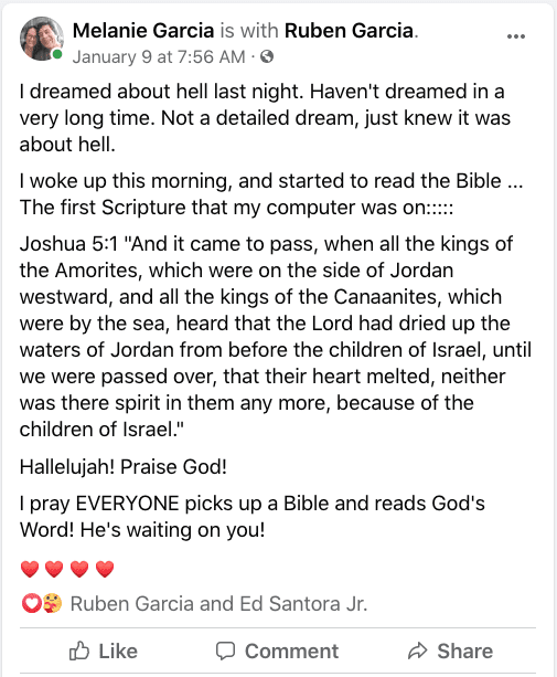 Facebook post from Melanie Garcia: I dreamed about hell last night ....