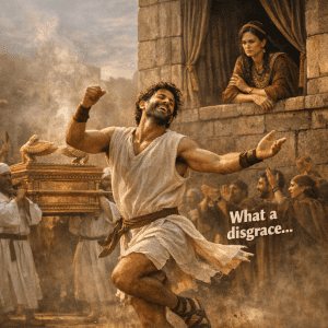 David's wife, Michael, scoffing at him dancing in the streets with the Ark of the Covenant.