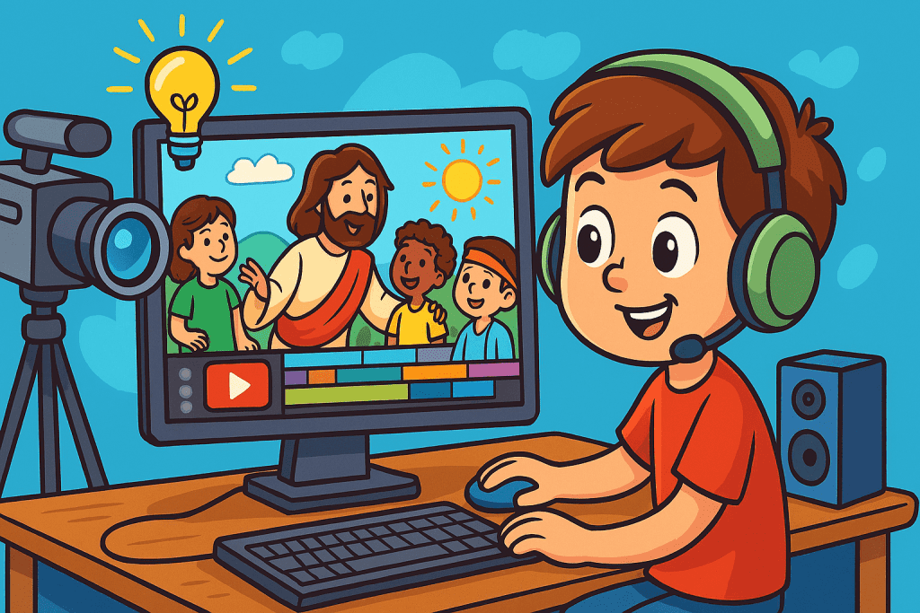 Cartoon of boy watching Jesus movie on his computer.