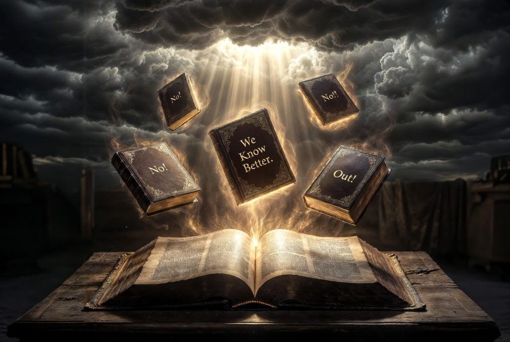 Open Bible with books flying out, with words: "No," "We know better," "Out," No.