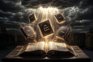 Open Bible with books flying out, with words: "No," "We know better," "Out," No.